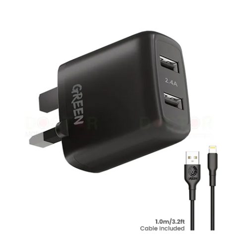 GreenLion 12W Dual Port Compact Wall Charger with Lightning Cable
